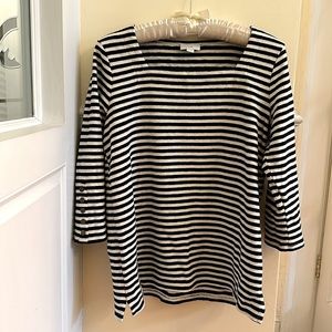 J.Jill Womens Pullover Black White Striped Bracelet Length Sleeve Square Neck